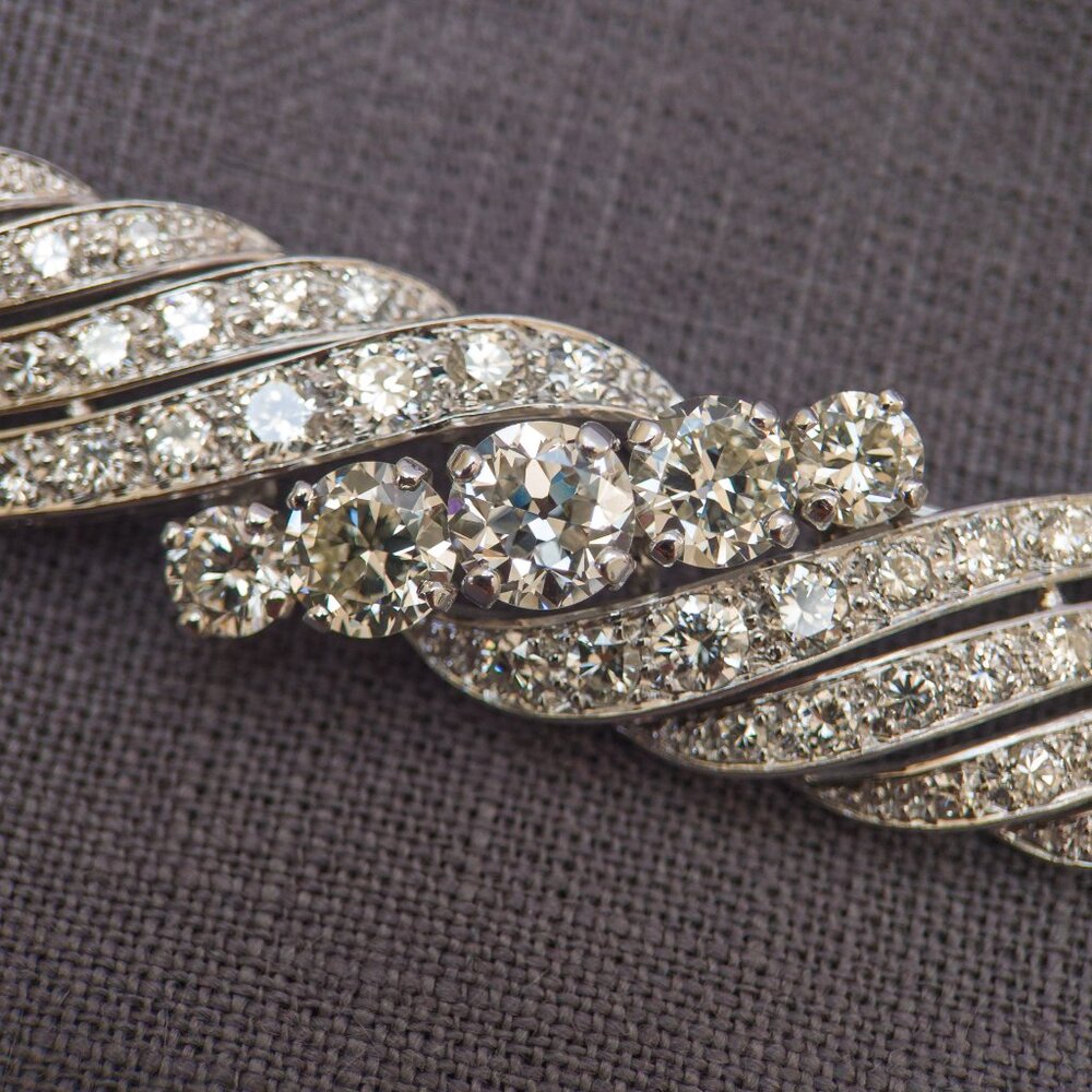 Platinum Diamond Ribbon Brooch, 4.21ctw — Five Principal Brilliants